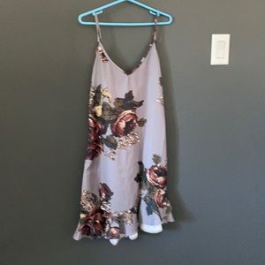 Grey floral ruffle hem V. Neck body con Dress